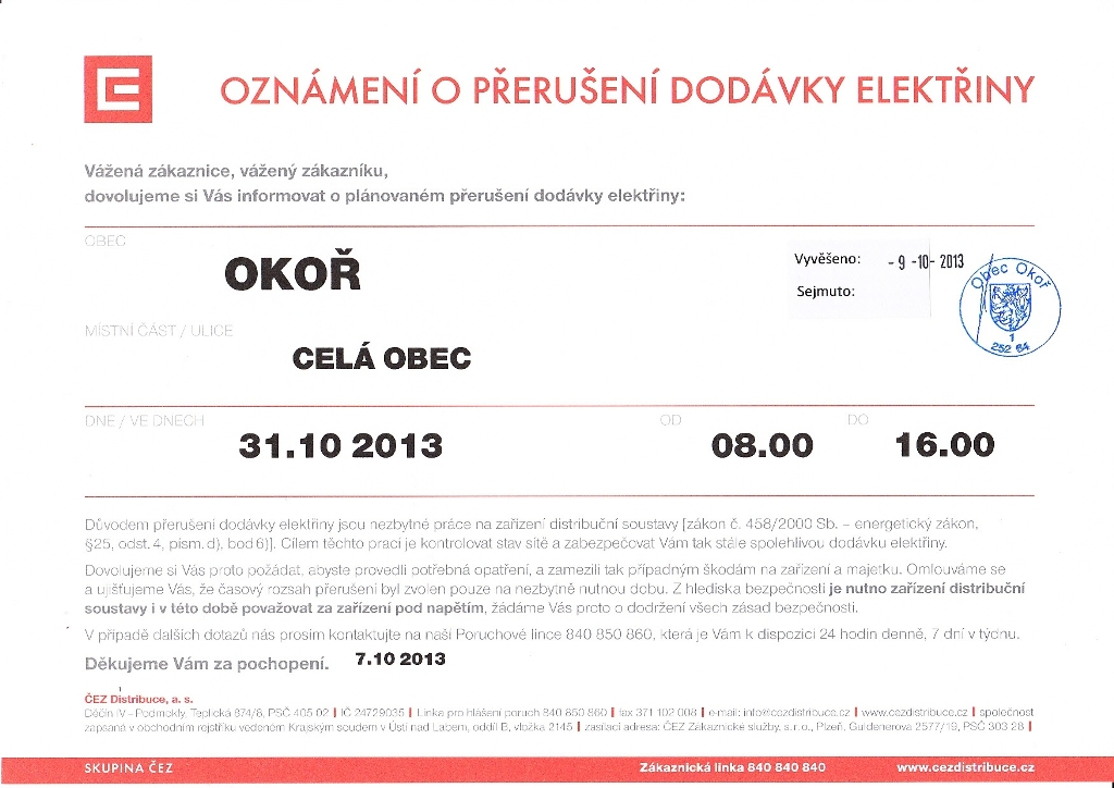 Oznmen o peruen dodvky elektiny