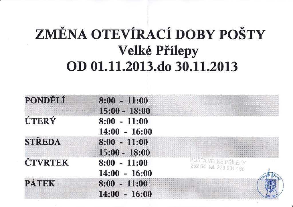 Oznmem o zmn otevrac doby Poty-Velk Plepy