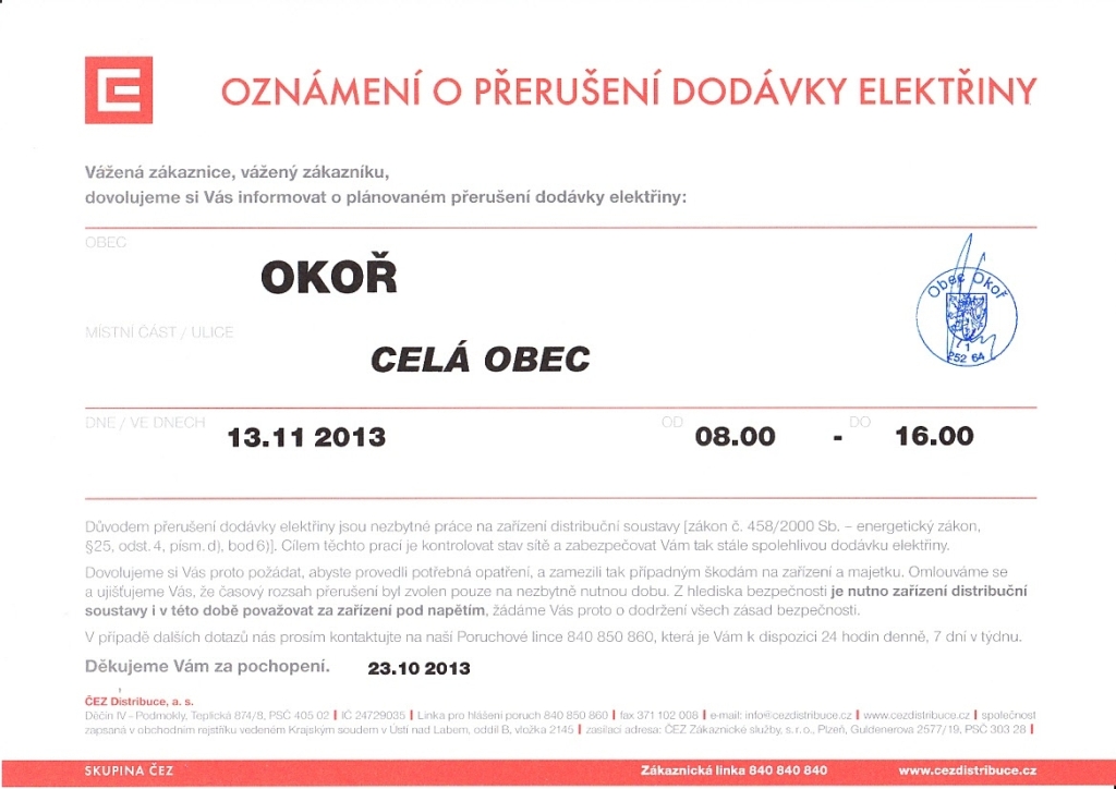 Oznmen o peruen dodvky elektiny