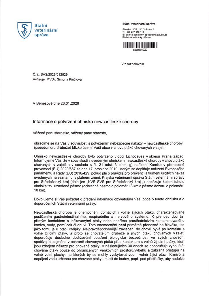 Informace o ohnisku choroby ptactva - 1/2